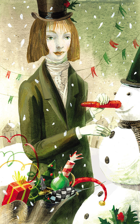Winter Painting - A Girl with a Snowman by Victoria Fomina