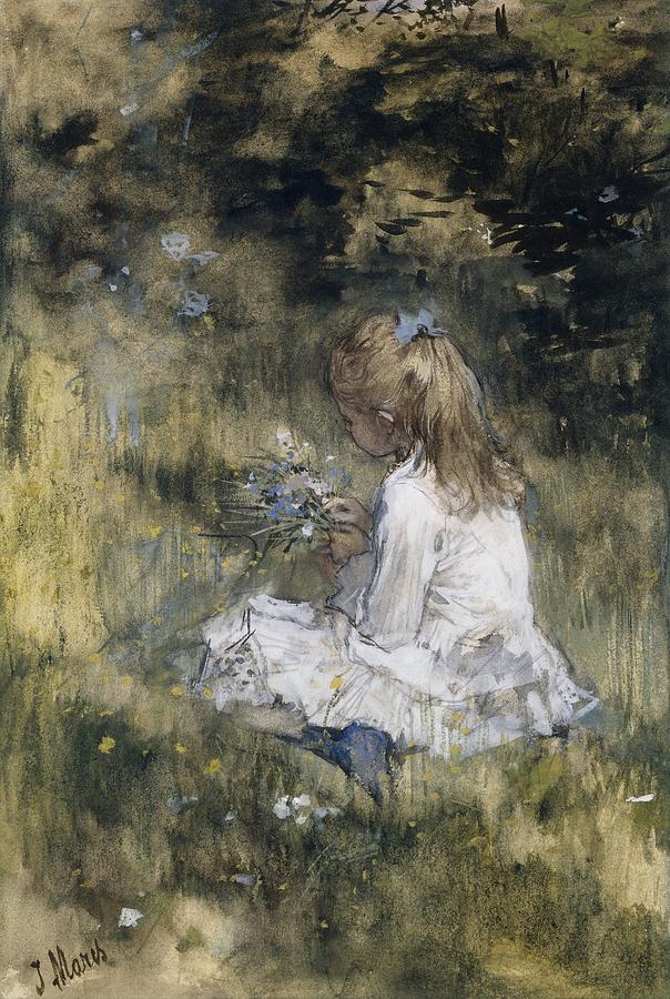 A Girl with Flowers on the Grass  Jacob Maris  1878 Painting by Vintage Collectables