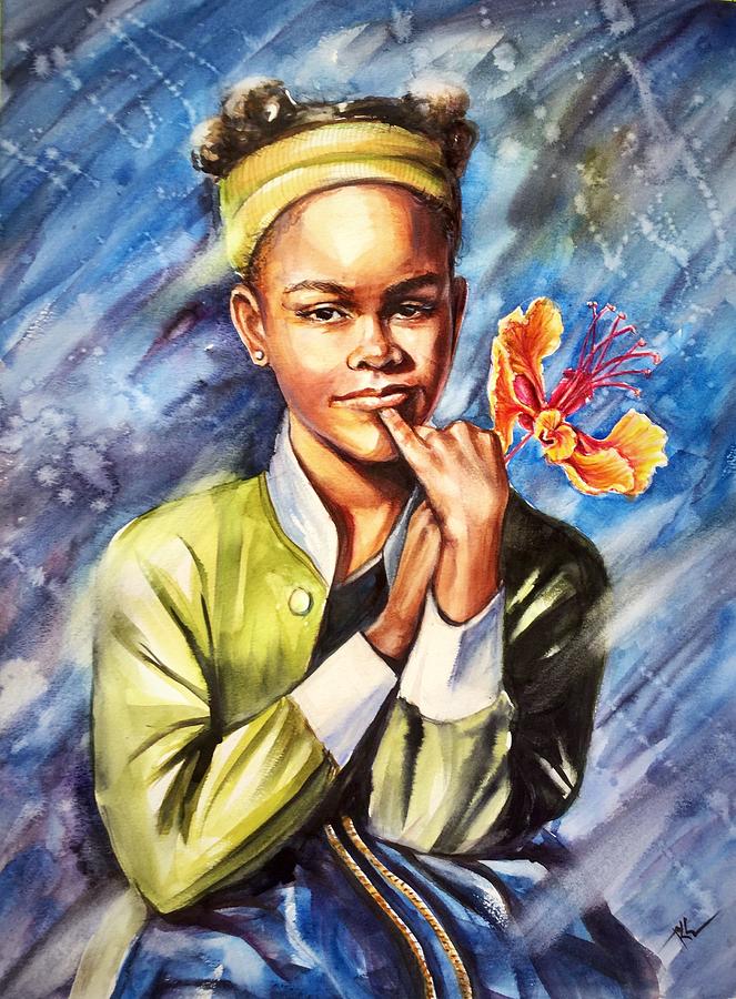 A girl with yellow poinciana Painting by Katerina Kovatcheva