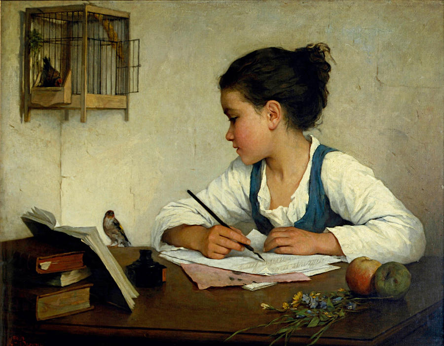 Flower Painting - A Girl Writing. The Pet Goldfinch by Henriette Browne