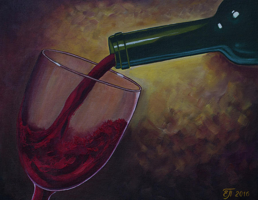 Bottle Painting - A glass of red wine. Wine is poured from a bottle into a glass. Wine Bottle. Oil paints. by Elena Pavlova