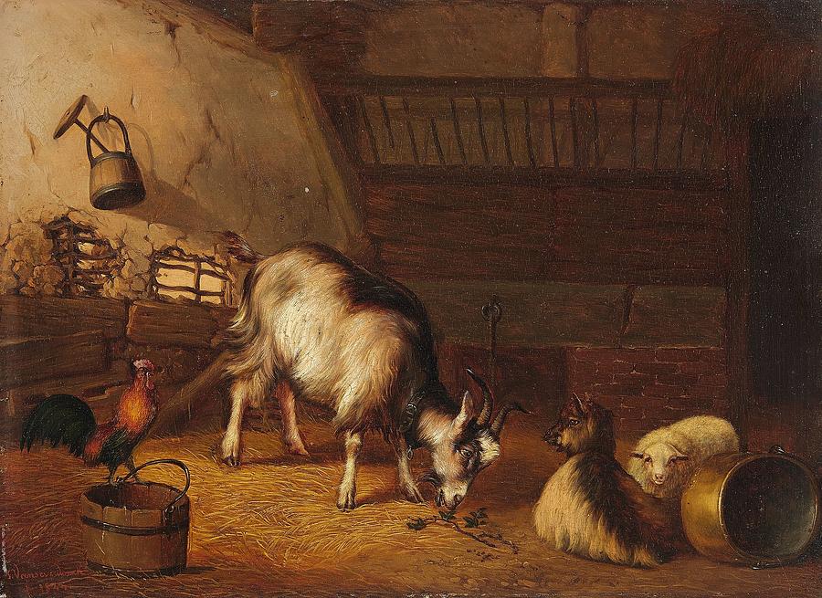 A Goat and Two Sheep in a Stable Painting by MotionAge Designs