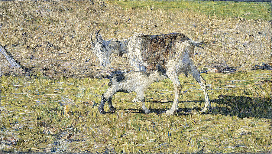A Goat with her Kid Painting by Giovanni Segantini