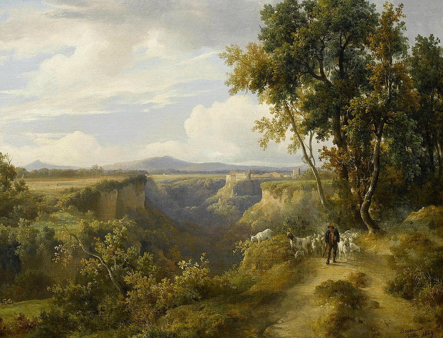 A goatherder and his flock in an Italianate landscape Painting by Jacques Raymond Brascassat