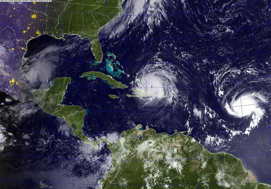 A GOES satellite shows Hurricane Irma, center, and Hurricane Jose, right, in the Atlantic Ocean, and Painting by Celestial Images
