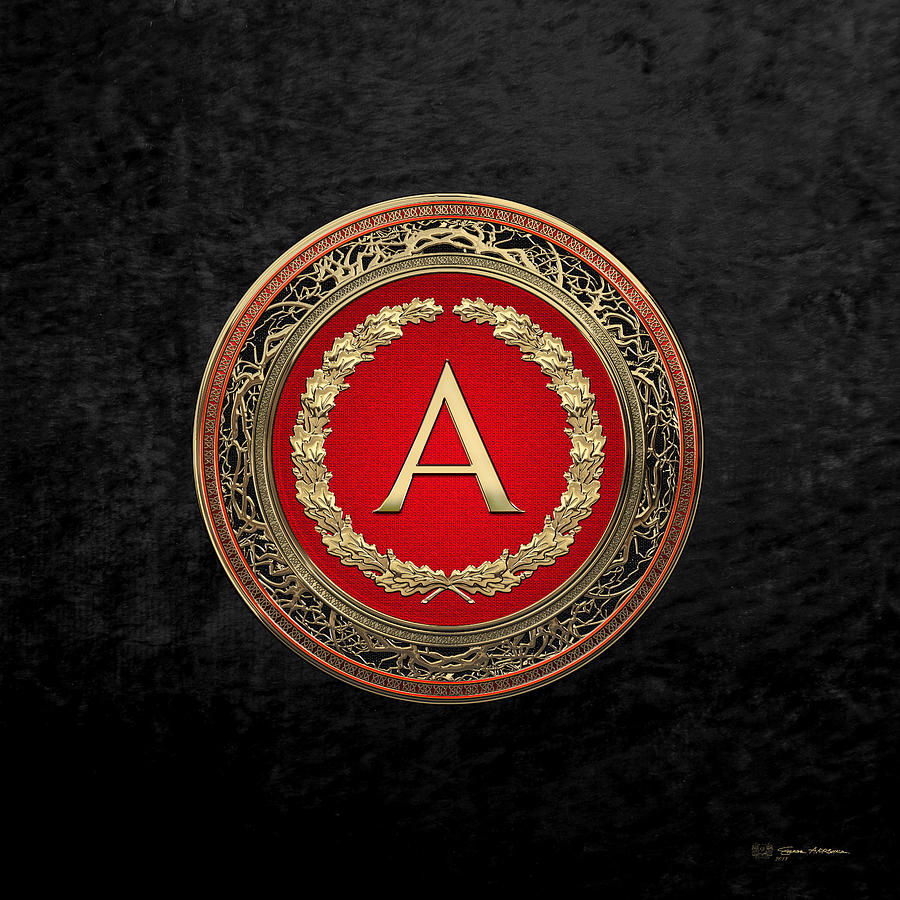 A - Gold on Red Vintage Monogram in Oak Wreath over Black Velvet Digital Art by Serge Averbukh