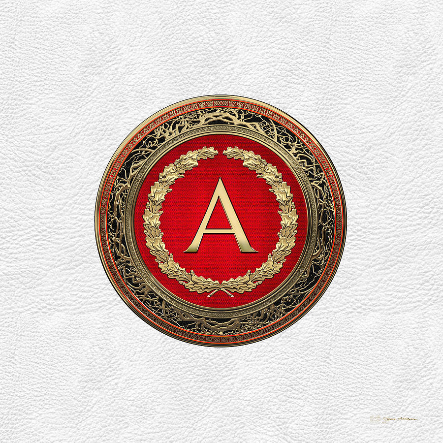 A - Gold on Red Vintage Monogram in Oak Wreath over White Leather Digital Art by Serge Averbukh