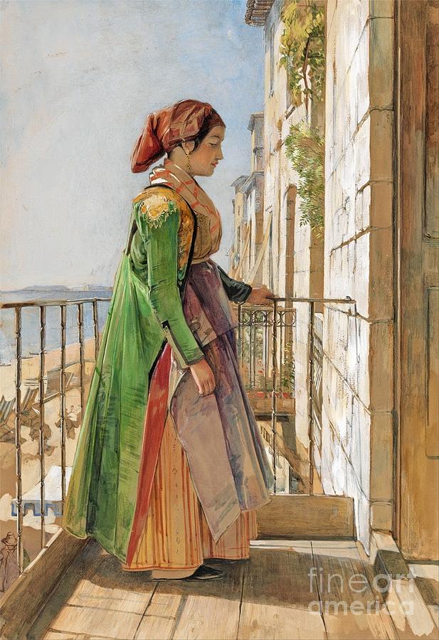 A Greek Girl Standing on a Balcony Painting by MotionAge Designs