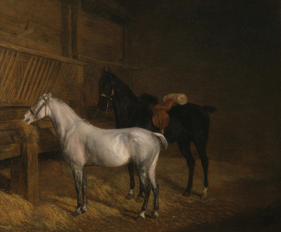 A Grey Pony and a Black Charger in a Stable Painting by Jacques-Laurent Agasse