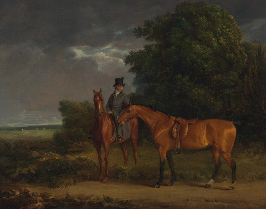 A Groom Mounted on a Chestnut Hunter, He Holds a Bay Hunter by the Reins Painting by Jacques-Laurent Agasse