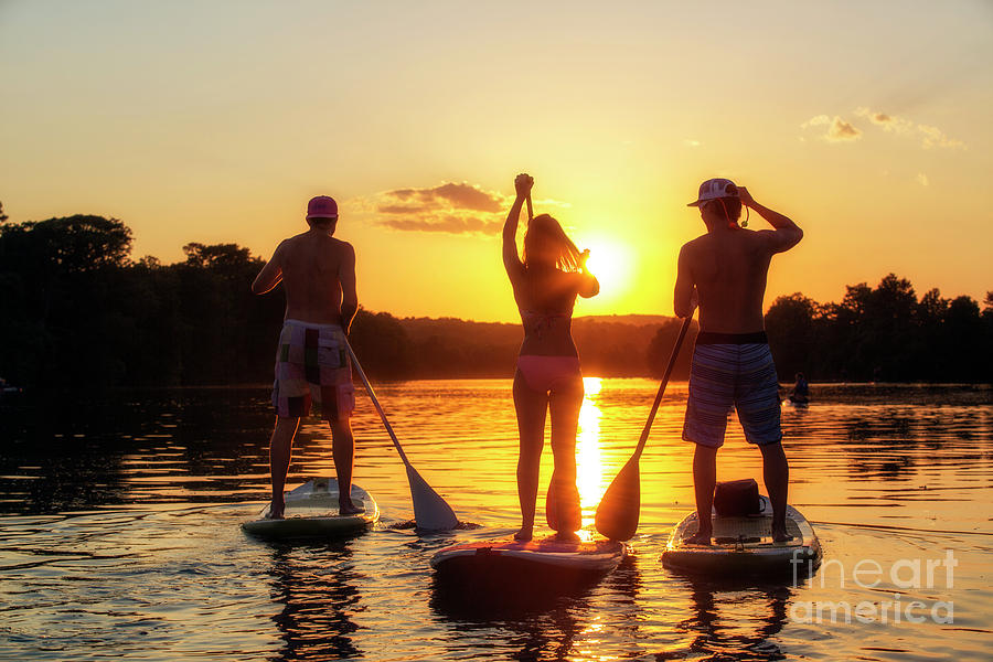 Summer Photograph - A group of friends, silhouetted by the sunset, exercise on stand-up paddle boards on Lady Bird Lake in Austin, Texas by Dan Herron