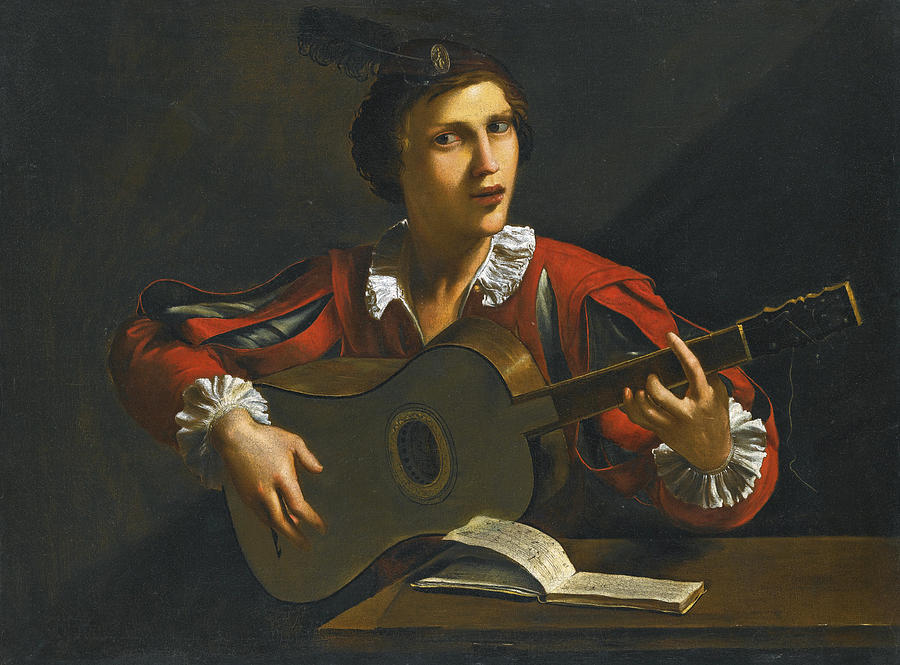 A guitar player seated in an interior Painting by Pietro Paolini