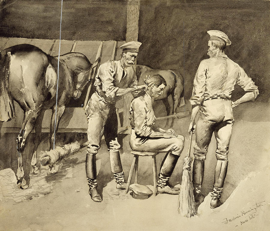 A Haircut in a Cavalry Stable Drawing by Frederic Remington
