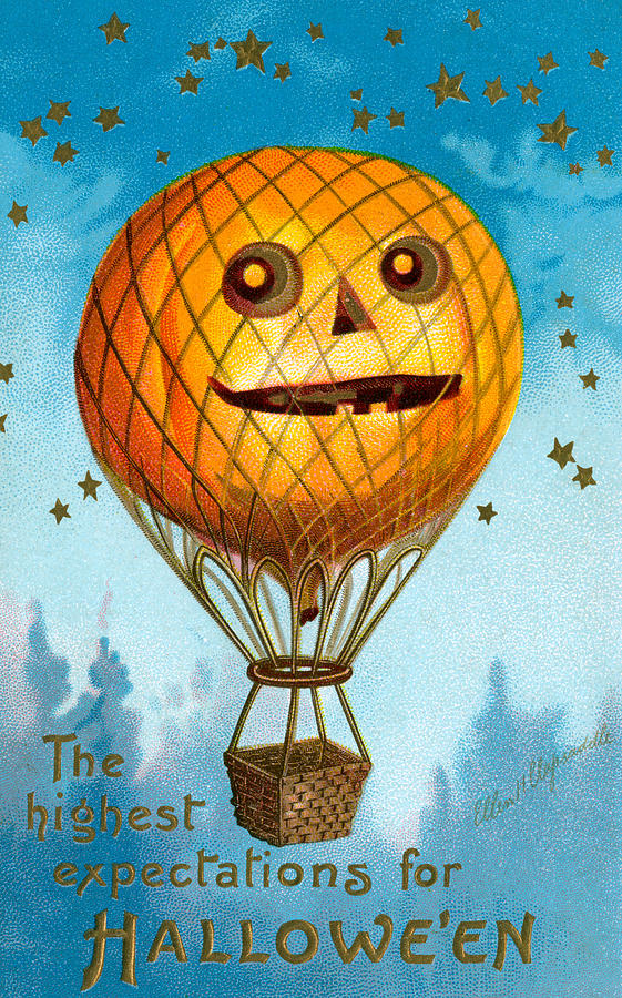A Halloween Pumpkin Hot Air Balloon Painting by Ellen Hattie Clapsaddle