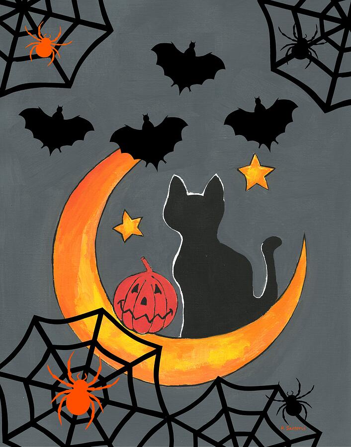 Black Cat Illustration Mixed Media - A Halloween Story by Kathleen Sartoris