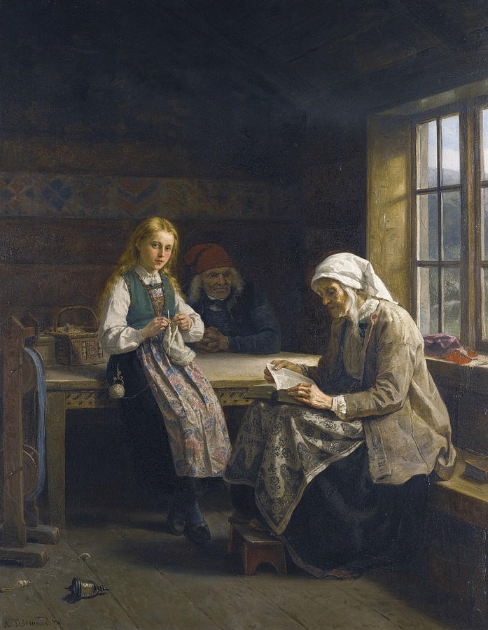 A Hardanger Interior, Young Girl Knitting  Painting by Adolph Tidemand
