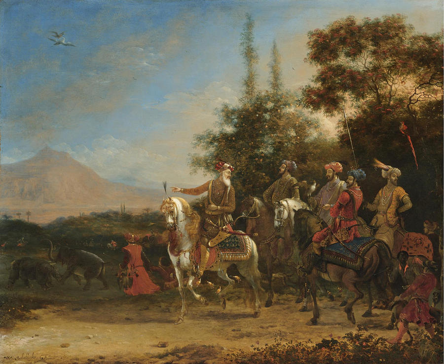 A Hawking party  an extensive landscape beyond Painting by Willem Schellinks