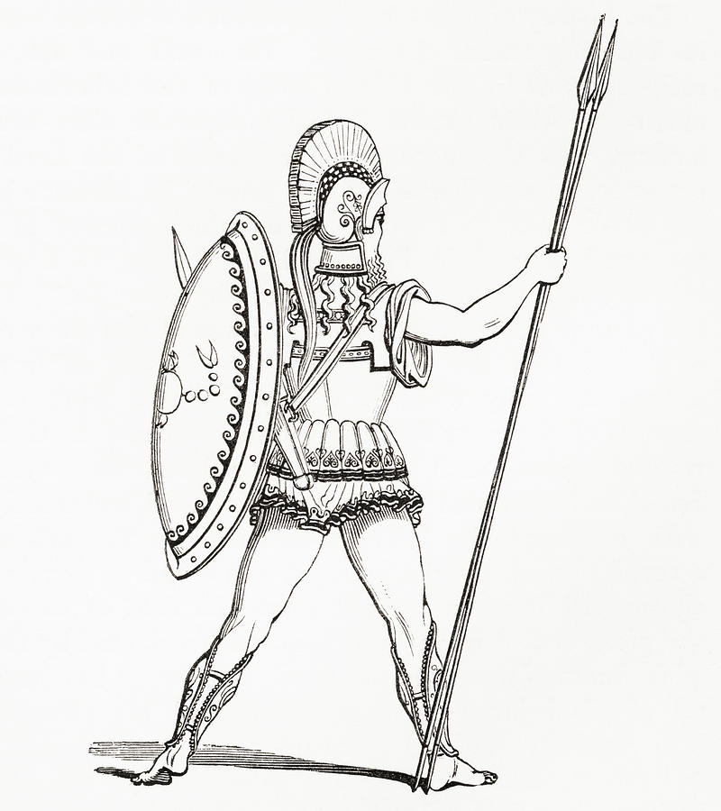 Greek Drawing - A Heavily Armed Greek Warrior Dressed by Vintage Design Pics