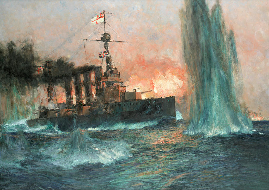 Boat Painting - A heavy cruiser at the Battle of Jutland by Charles Edward Dixon