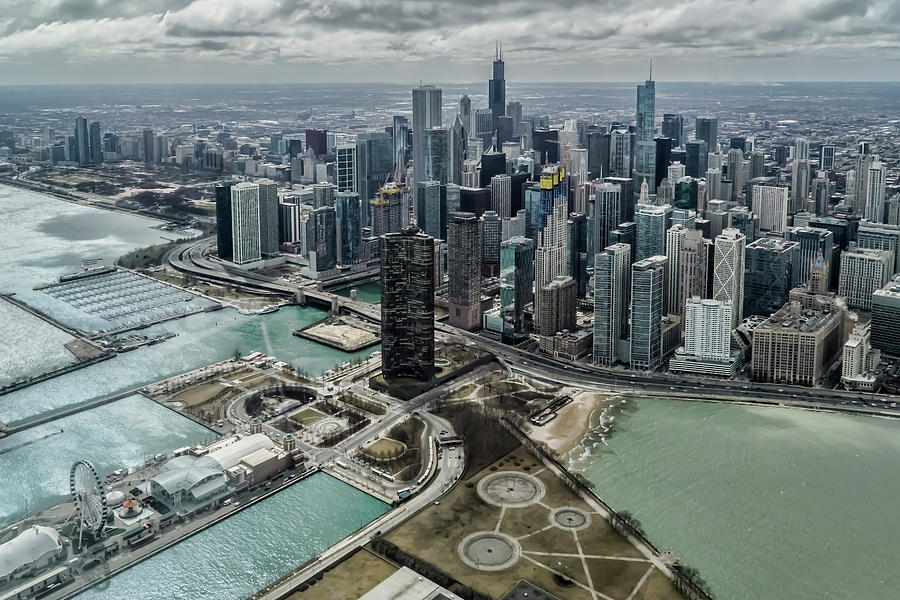 A helicopter view of Chicagos lakefront Photograph by Sven Brogren
