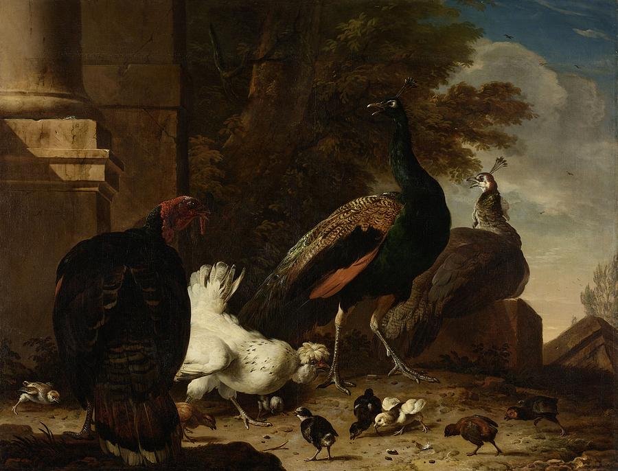 A Hen with Peacocks and a Turkey Painting by Celestial Images
