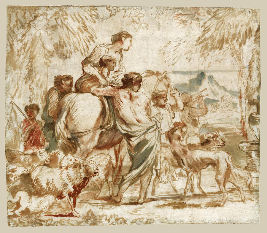 A Herdsman and his Family Drawing by Giovanni Benedetto Castiglione