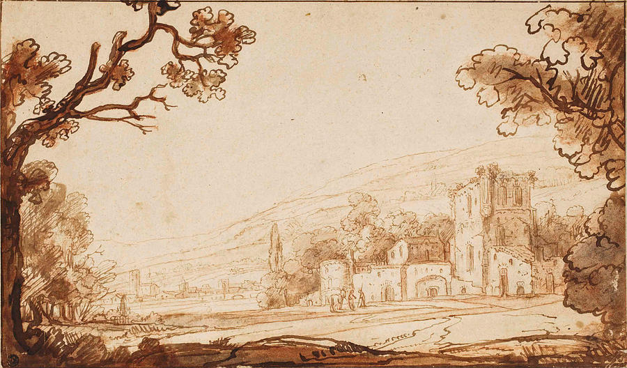 A hilly landscape with figures approaching a castle Drawing by Attributed to Abraham Furnerius
