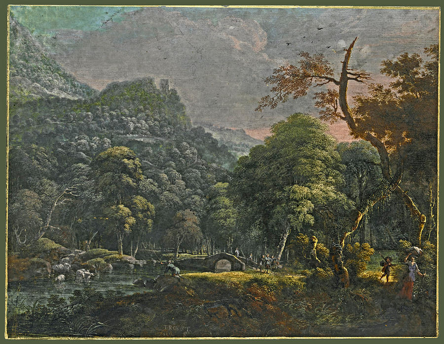 A hilly landscape with figures crossing a Bridge Drawing by Willem Troost