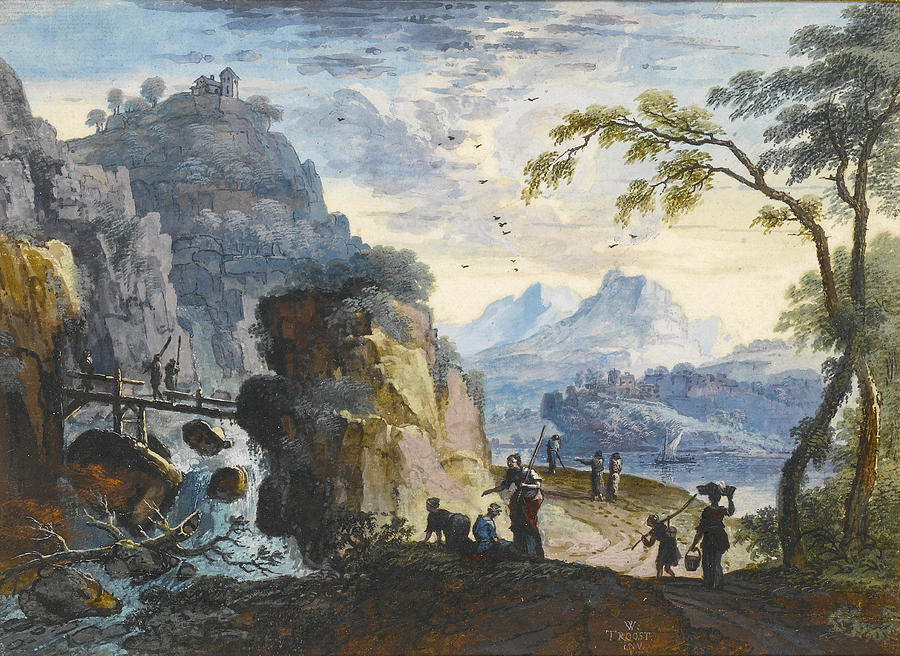 A hilly landscape with figures walking by a Cascade Drawing by Willem Troost