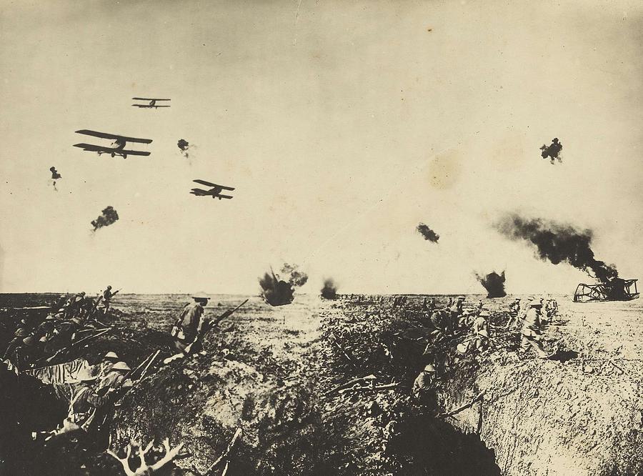 A Hop-over At Ypres, A Bayonet Charge By Australian Troops Also Shows Biplanes, Undated But Presuma Painting