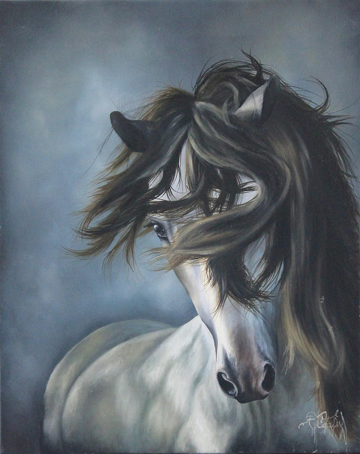 Nature Painting -  Wild  White Horse in Blue Background by Catalina Diaz