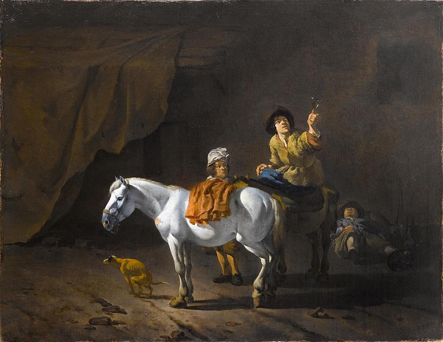 Horse Painting - A Horseman Holding a Roemer of Wine with an Ostler Tending the Horses by Karel Dujardin