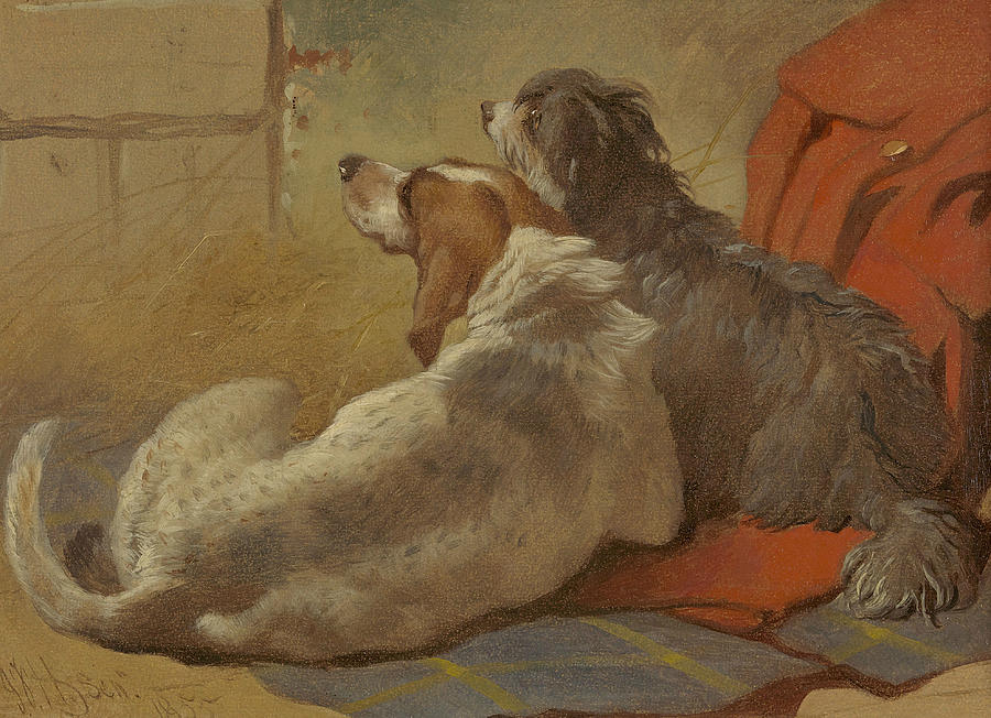 A Hound and a Bearded Collie seated on a Hunting Coat Painting by John Frederick Herring