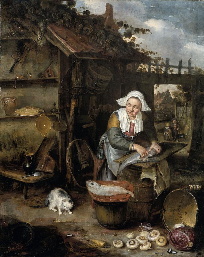 Animal Painting - A Housewife In An Inner Courtyard Cleaning Fish by Hendrik Potuyl