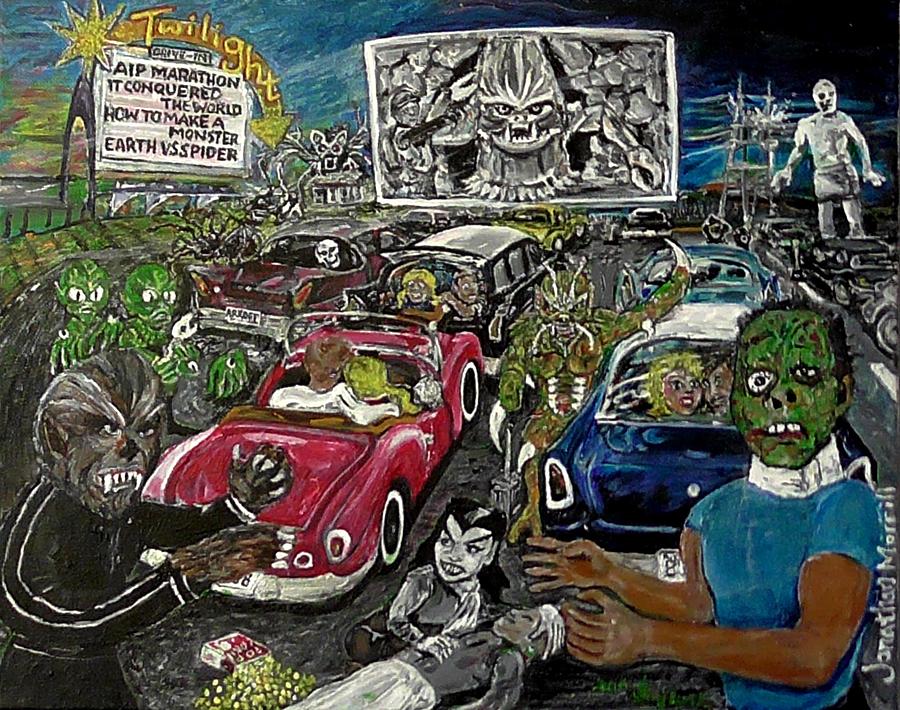 A I P Monster Movie Marathon At The Twilight Drive - In  La Porte Indiana Painting by Jonathan Morrill