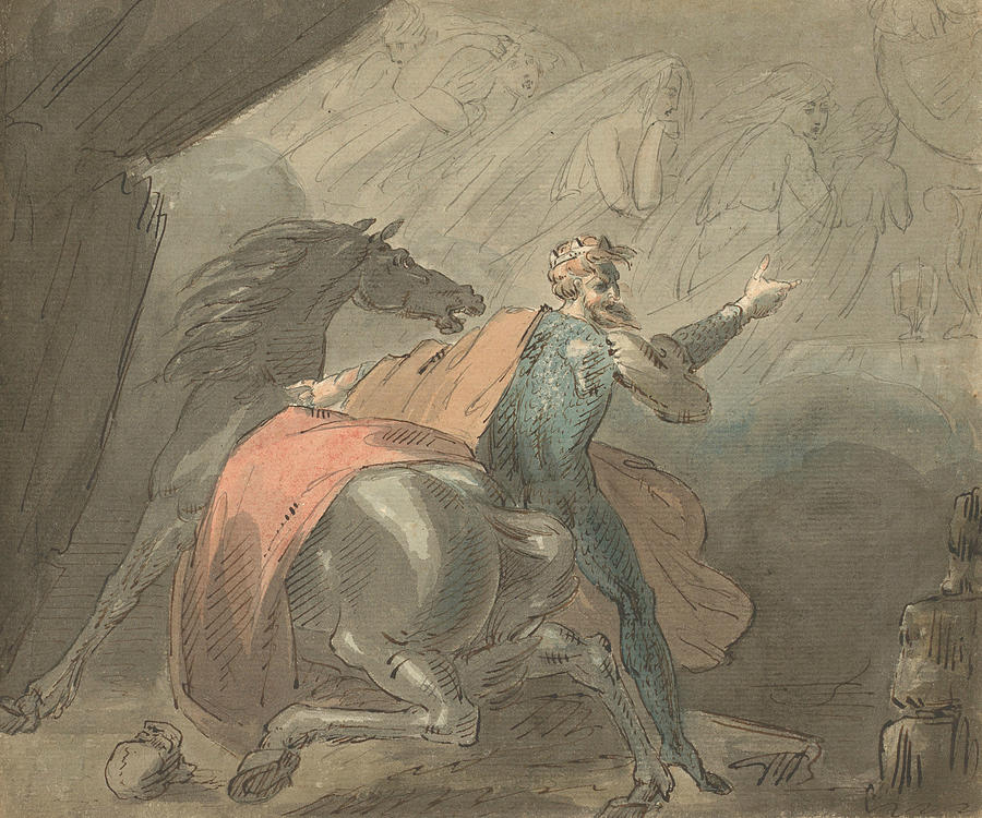 A King and a Horse with Ghostly Women Drawing by William Hamilton