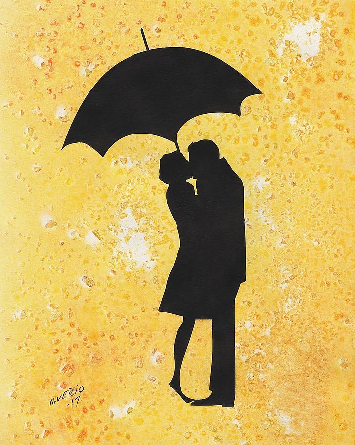kissing under umbrella silhouette painting
