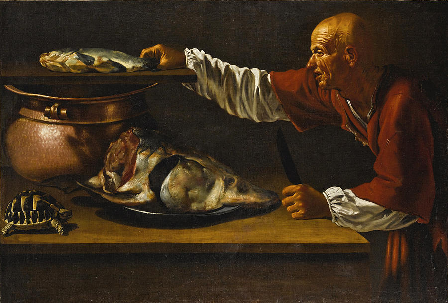 A Kitchen Interior with a Sturgeon a Turtle and the Figure of an Old Man in Red Painting by Master of the Gamblers
