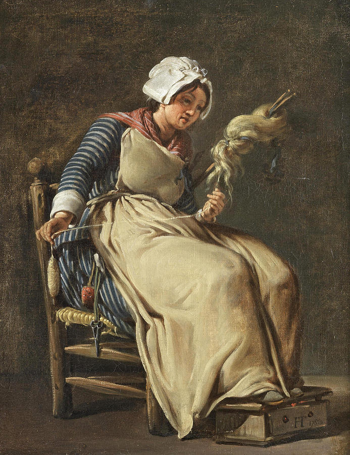 A kitchen maid knitting Painting by Hugues Taraval