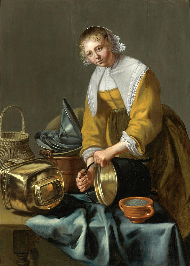 A Kitchen Maid Standing by a Table with Copper pots pewter Plates and other  Objects Painting by Willem van Odekercken - Fine Art America