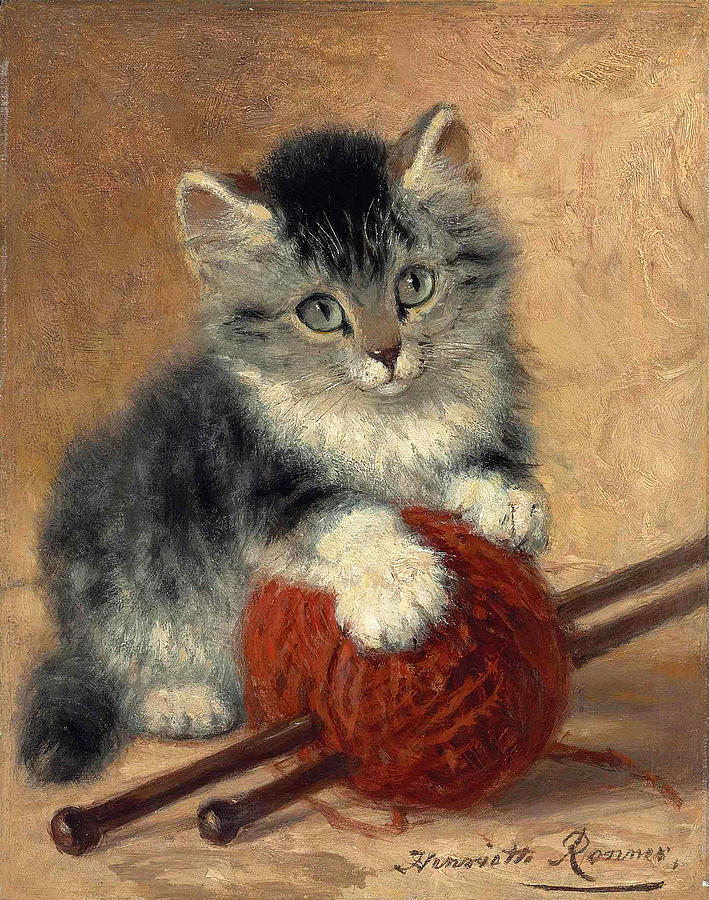 A kitten with a ball of wool Painting by Henriette Ronner-Knip