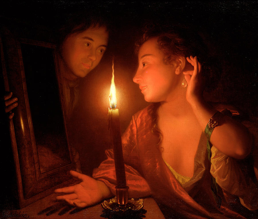 Earring Painting - A Lady Admiring An Earring by Candlelight by Godfried Schalcken