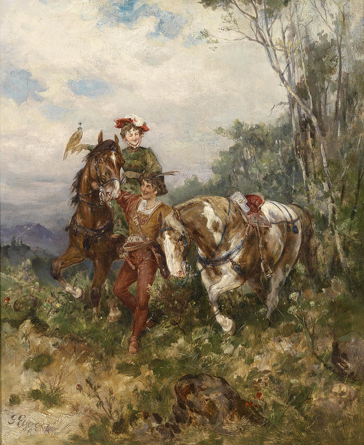 A Lady Falconer on Horseback with Companion Painting by Gustav Eggena