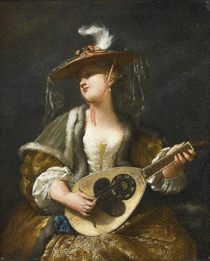 A Lady Playing a Mandolin Painting by Jean Barbault