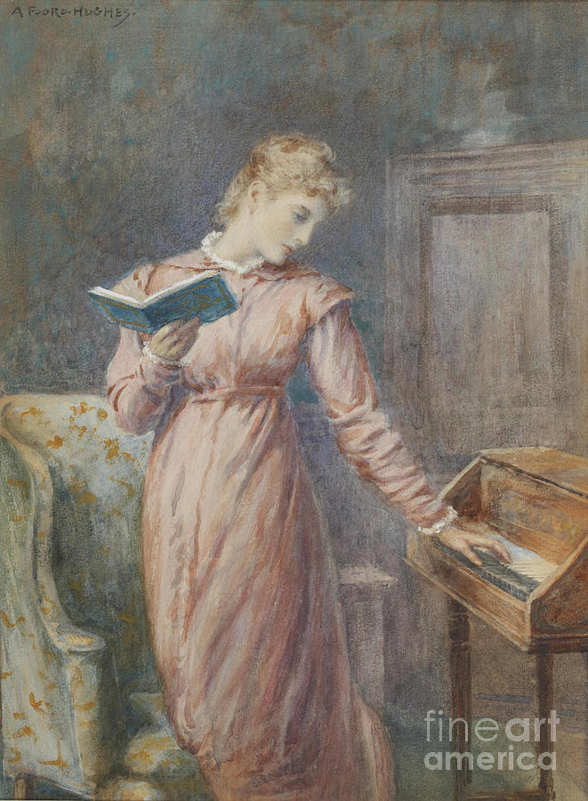 Book Painting - A lady reading while playing the spinet by MotionAge Designs