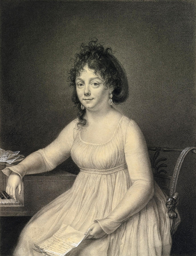 A lady seated by a keyboard holding a Letter Drawing by Jean-Baptiste Jacques Augustin