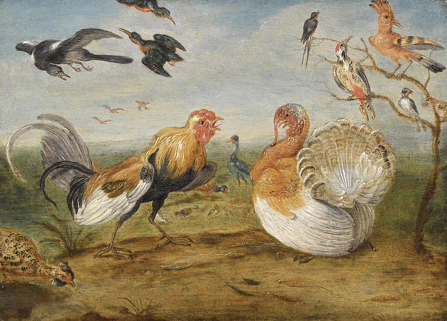 Jan Van Kessel The Elder Painting - A landscape with a cockerel and a turkey squabbling and other fowl by Jan van Kessel the Elder