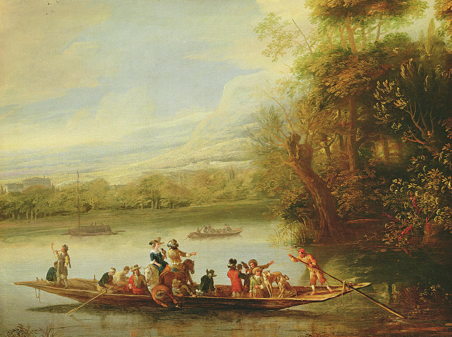 Transportation Painting - A landscape with a crowded ferry crossing the water in the foreground  by Willem Schellinks