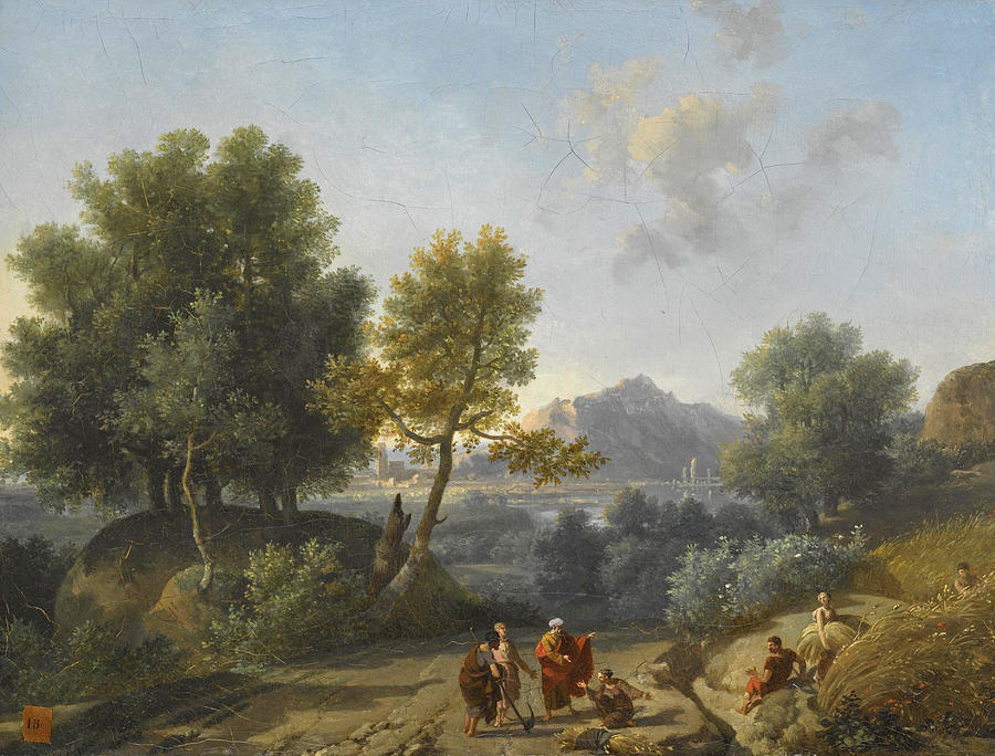 A landscape with Ruth and Boaz on a path in the foreground Painting by Nicolas-Antoine Taunay