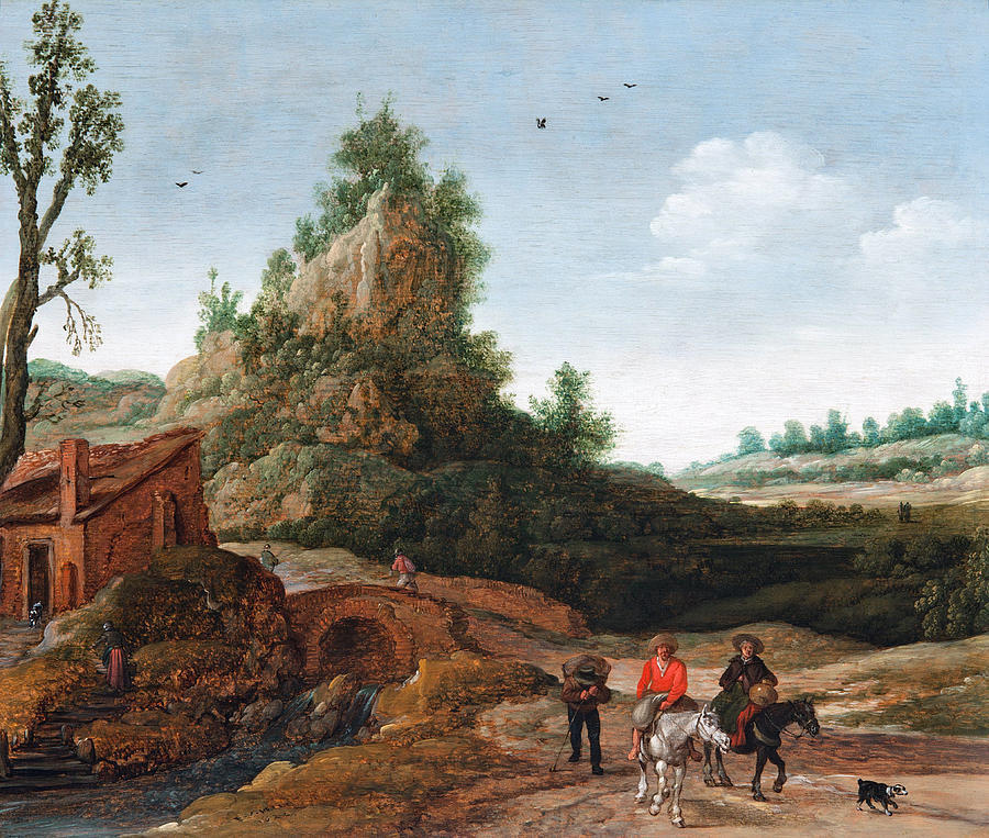 A landscape with travellers crossing a bridge before a small dwelling horsemen in the foreground Painting by Esaias van de Velde